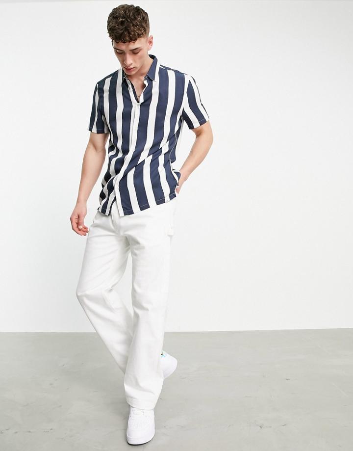 Bershka Jersey Vertical Stripe Shirt In Navy Blue-blues