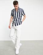 Bershka Jersey Vertical Stripe Shirt In Navy Blue-blues