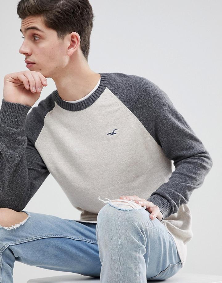 Hollister Falem Crew Neck Sweater Icon Logo Raglan In Dark Gray - Green