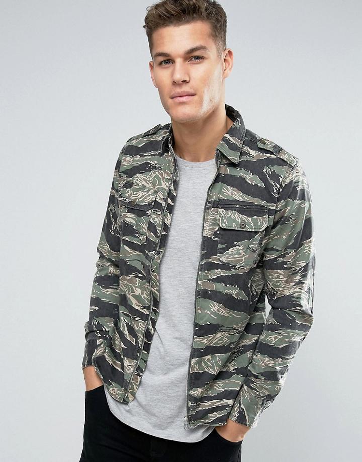 Replay Regular Fit Zip Thru Camo Shirt - Green
