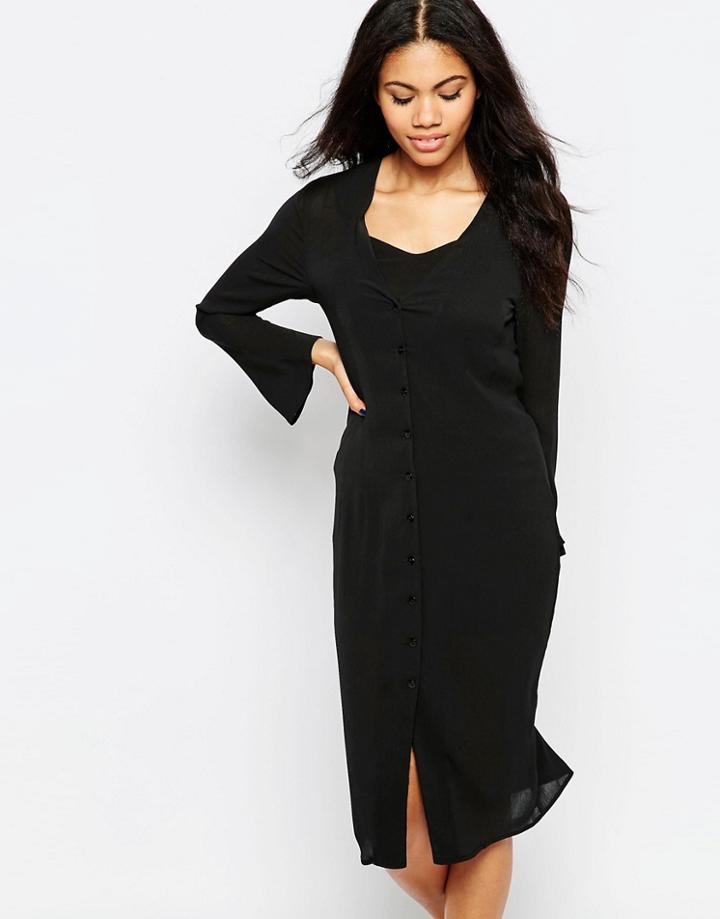 Neon Rose Midi Dress With Flared Sleeve - Black