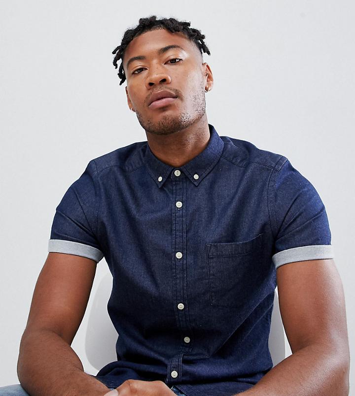 Asos Design Tall Stretch Slim Denim Shirt In Rinse Wash - Blue