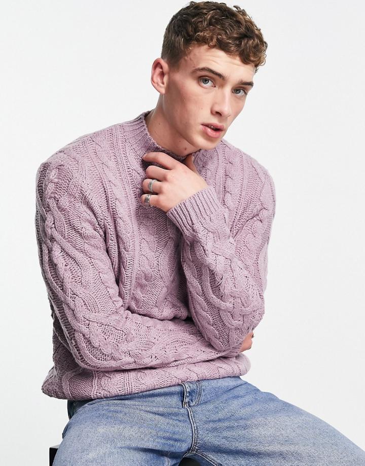 Asos Design Heavyweight Cable Knit High Neck Sweater In Pink
