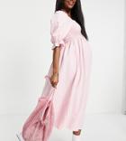 New Look Maternity Three-quarter Sleeve Gingham Textured Shirred Midi Dress In Pink