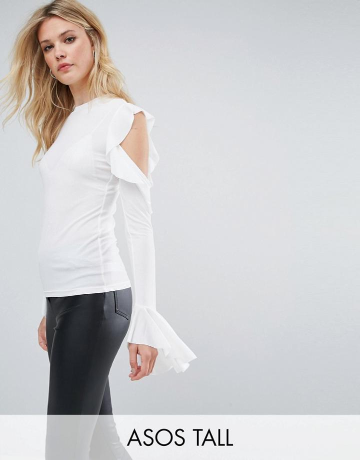 Asos Tall Top In Crepe With Cold Shoulder Pretty Ruffle Puff Sleeve - Cream