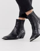 Stradivarius Moc Croc Western Heeled Boots In Black