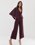 Lavish Alice Draped Sleeve Wide Leg Jumpsuit In Deep Purple - Purple