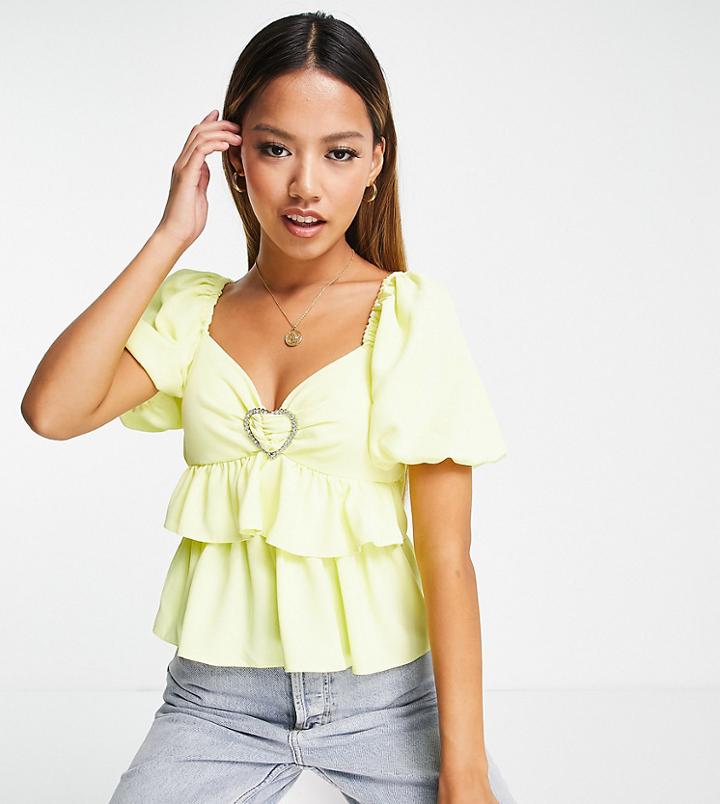 River Island Petite Puff Sleeve Ruffle Top In Yellow