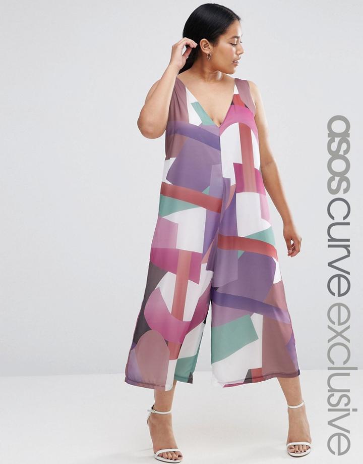 Asos Curve Minimal Jumpsuit In Blocked Abstract Print - Multi