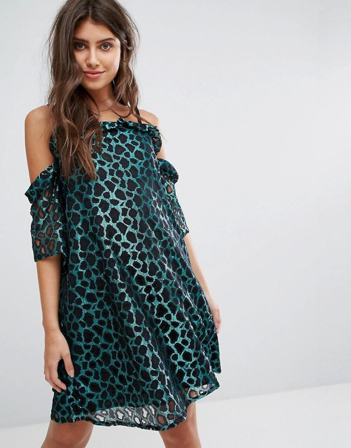 Prettylittlething Leopard Print Cold Shoulder Mini Dress - Green