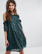 Prettylittlething Leopard Print Cold Shoulder Mini Dress - Green