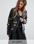 Rokoko Trophy Leather Biker Jacket With Studding And Flowers - Black