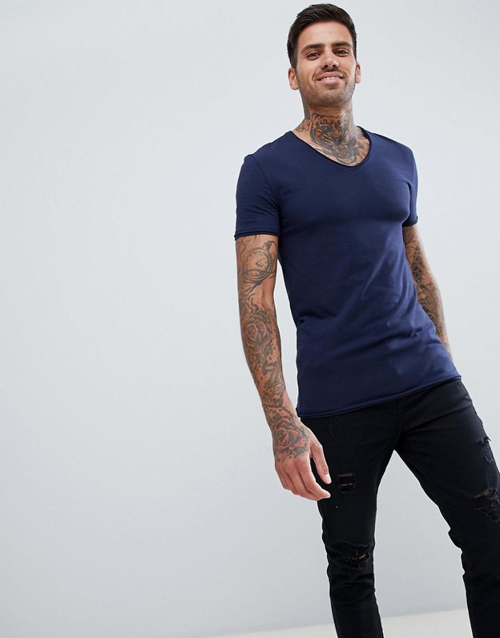 Asos Design Muscle Fit T-shirt With V Neck And Raw Edges - Navy