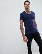 Asos Design Muscle Fit T-shirt With V Neck And Raw Edges - Navy