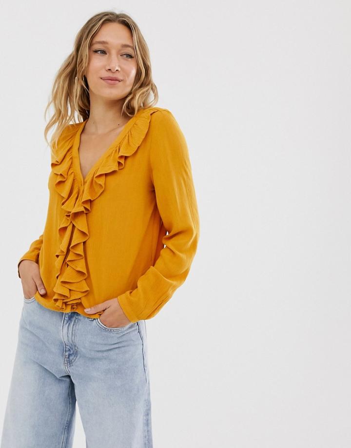 Monki V-neck Frill Blouse In Mustard - Yellow