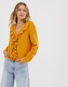 Monki V-neck Frill Blouse In Mustard - Yellow