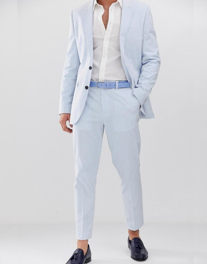Asos Design Slim Crop Suit Pants In Cotton Seersucker With Blue And White Stripe