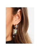 Topshop Square Green Stone Pendant Hoop Earrings In Gold