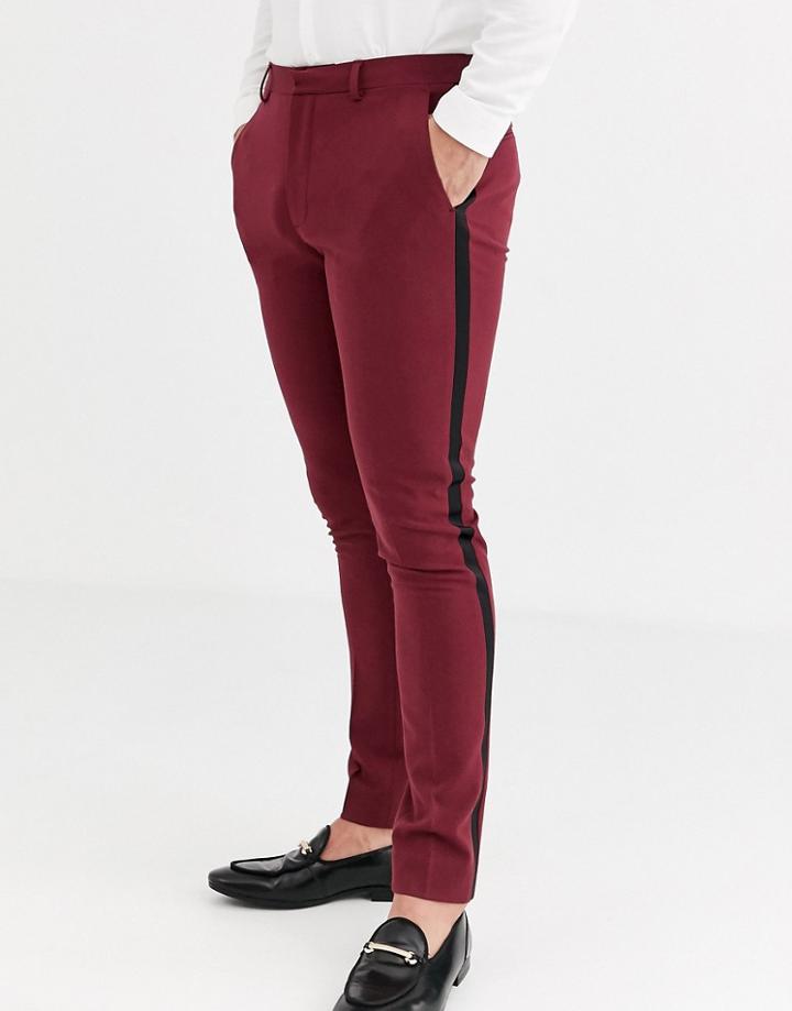 Asos Design Super Skinny Tuxedo Pants In Burgundy-red