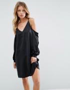 Asos Cold Shoulder Dress In Satin - Black