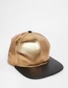 Asos Snapback Cap In Gold And Black Faux Leather