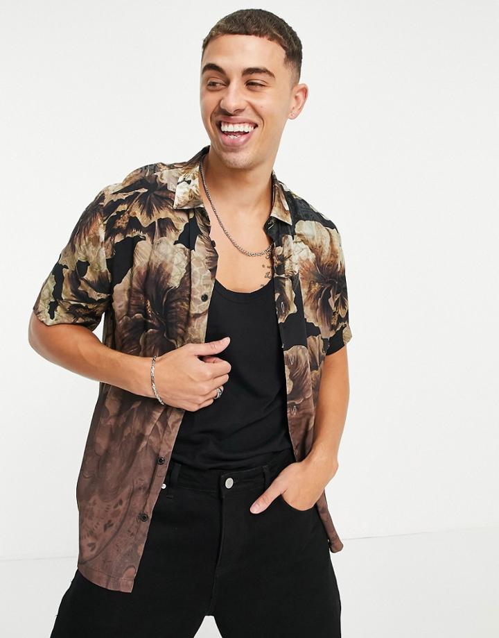 River Island Short Sleeve Floral Fade Shirt In Black