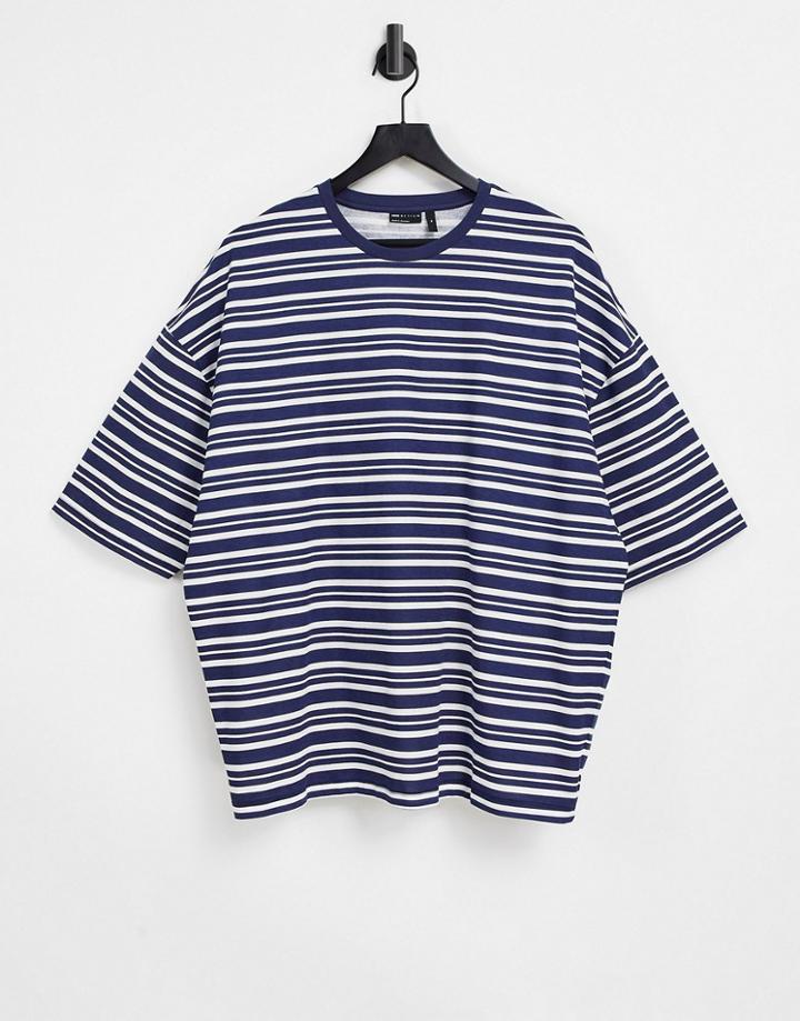 Asos Design Oversized Horizontal Stripe T-shirt In Navy - Navy