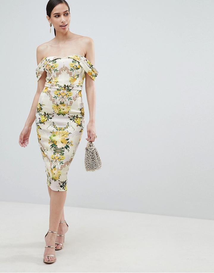 Asos Design Floral Bardot Cold Shoulder Bodycon Dress - Multi