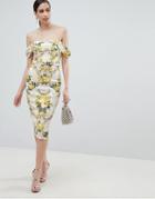 Asos Design Floral Bardot Cold Shoulder Bodycon Dress - Multi
