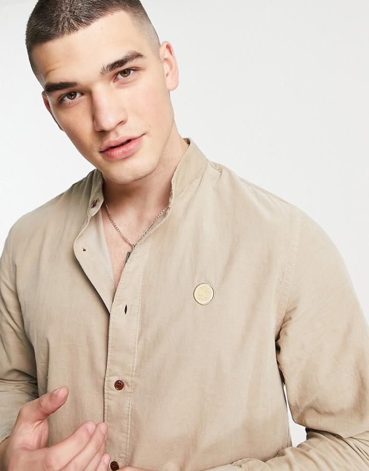 Pretty Green Cord Shirt With Grandad Collar In Stone-neutral