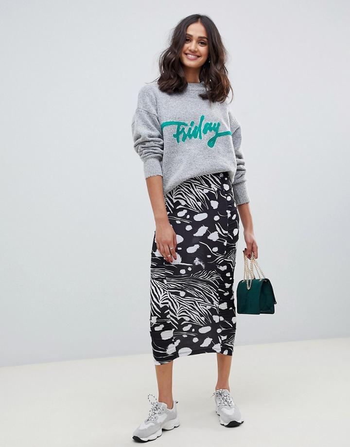 Asos Design Ruched Side Slinky Midi Skirt In Mixed Animal Print - Multi