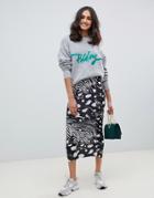 Asos Design Ruched Side Slinky Midi Skirt In Mixed Animal Print - Multi