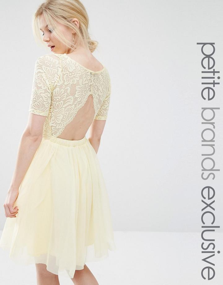 John Zack Petite Lace Bodice Midi Prom Dress With Cut Out Detail - Lemon