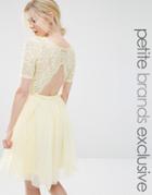 John Zack Petite Lace Bodice Midi Prom Dress With Cut Out Detail - Lemon