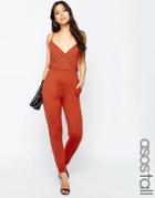 Asos Tall Cami Wrap Front Jersey Jumpsuit With Peg Leg - Rust