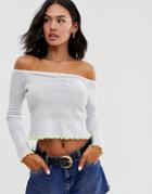 Asos Design Bardot Top In Pointelle - White