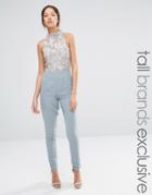 Maya Tall Heavily Embellished Bodice Maxi Jumpsuit With High Neck - Gray