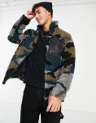 River Island Camo Sherpa Funnel Jacket In Green
