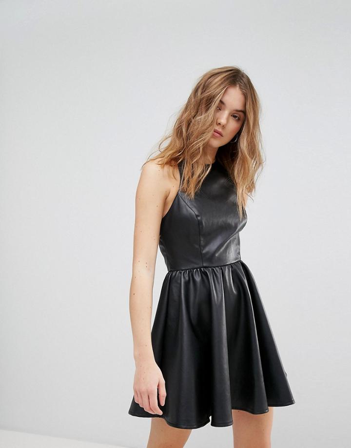 New Look Leather Look Skater Dress - Black