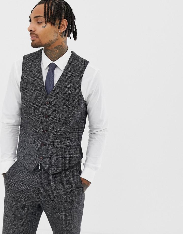 Harry Brown Textured Slim Fit Gray Check Vest - Gray