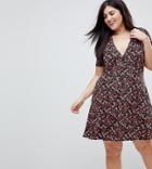 Asos Curve Mini Tea Dress With V Neck And Button Detail In Mono Floral Print - Multi