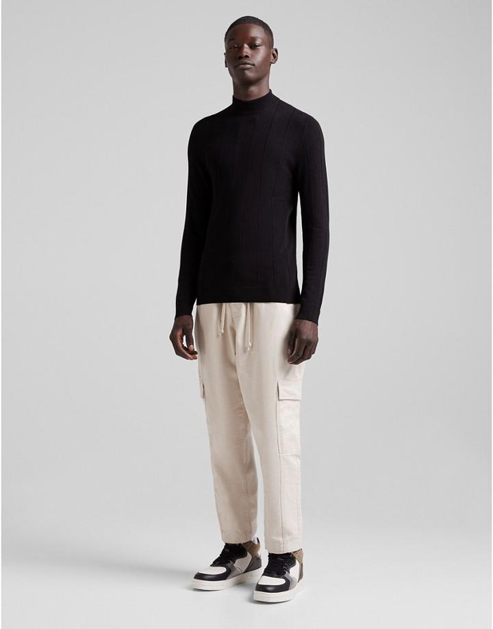 Bershka Ribbed Crew Neck Jumper In Black