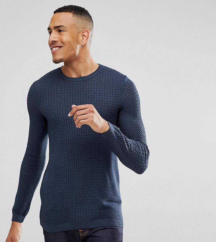 Asos Tall Muscle Fit Cable Knit Sweater In Denim Blue - Blue