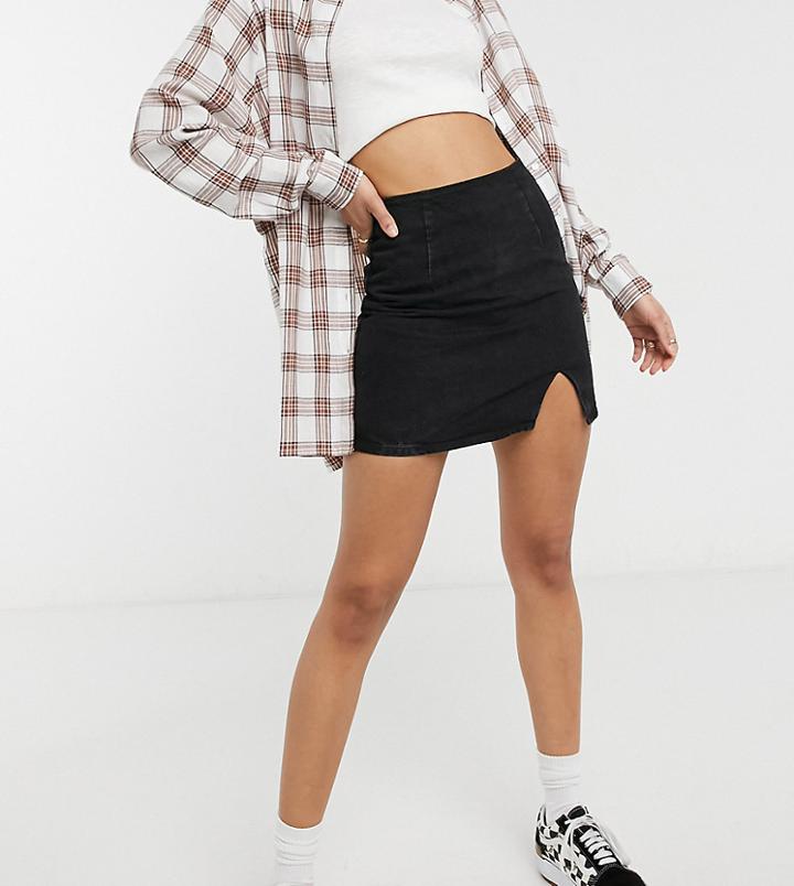 Asos Design Tall Denim Side Slit Mini Skirt In Black