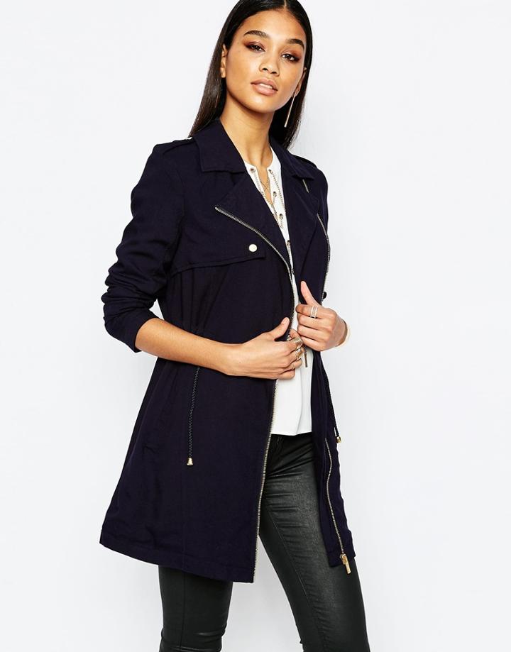 Lipsy Relaxed Drape Parka With Gold Hardware - Navy