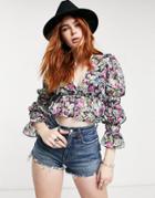 Urban Bliss Ruched Sleeve Peplum Blouse In Ditsy-pink