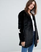 Jayley Collarless Star Patch Faux Fur Jacket - Black