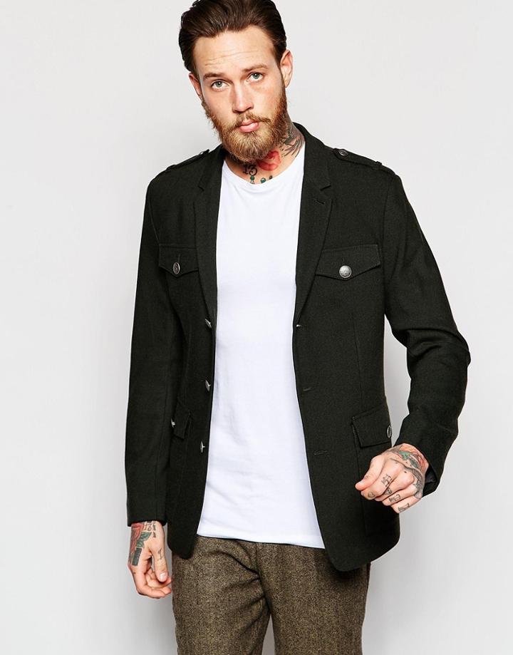Asos Blazer With Military Styling In Khaki - Khaki