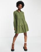 Pieces Franki Long Sleeve Shirt Smock Dress In Moss Green