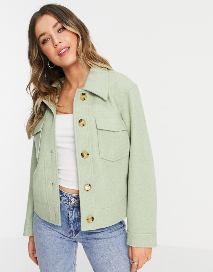 Pieces Boxy Jacket With Front Pockets In Sage Green